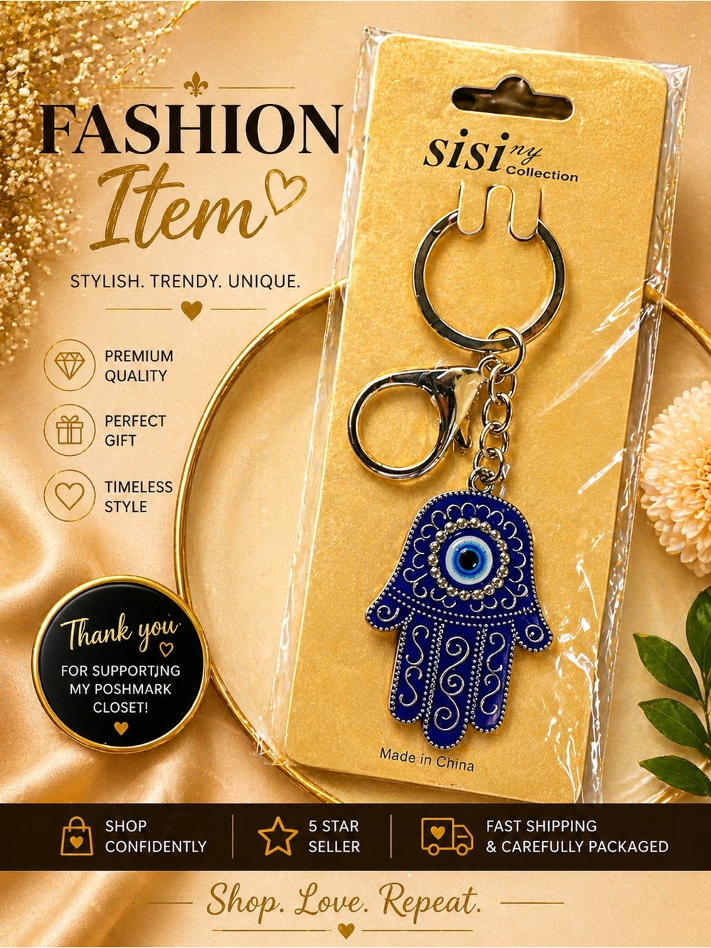 Blue & Silver Hamsa Hand Evil Eye Key Charm